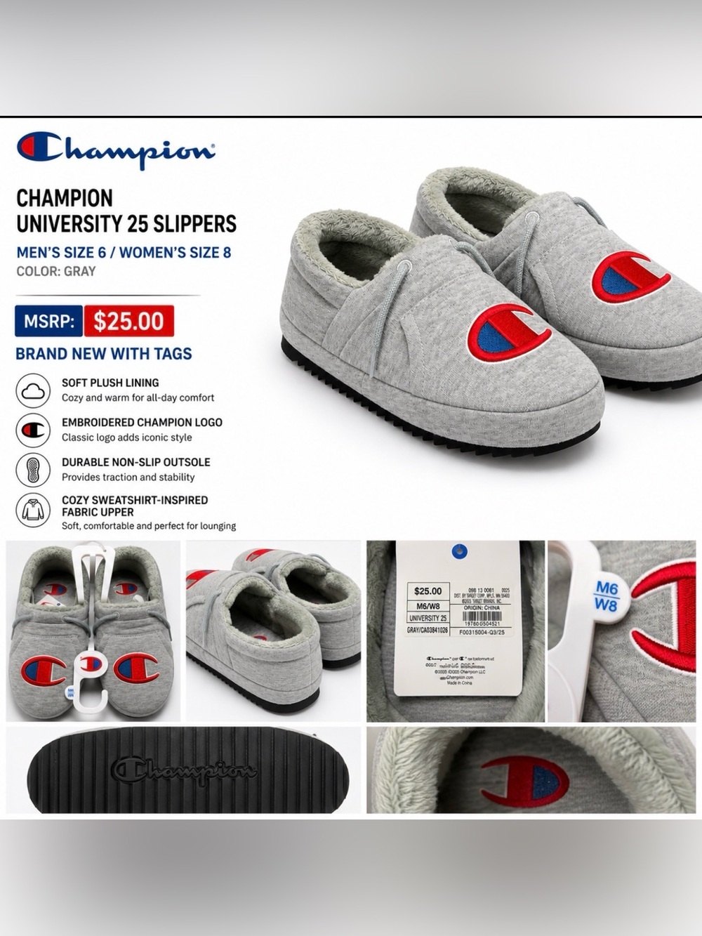 Champion University 25 Slippers Gray Plush Lined House Shoes NWT Men 6 Women’s 8 - Picture 1 of 8